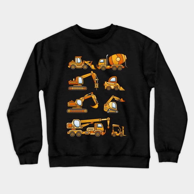 Excavator Dump Truck Dozer Concrete Mixer Construction Vehicles Crewneck Sweatshirt by hardy 